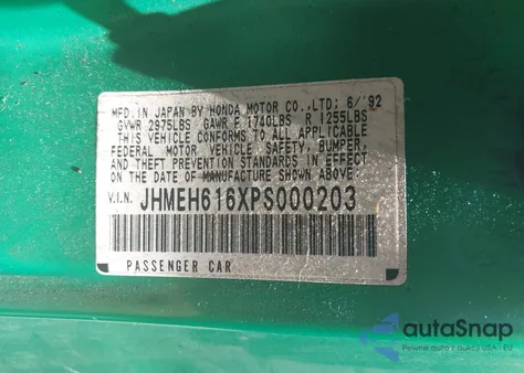 1993 Honda Civic Del Sol Si z USA, uszkodzony, nr VIN JHMEH616XPS000203